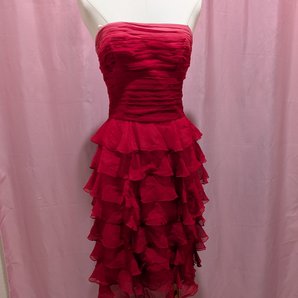 100% Silk Pink and Red Ombre Strapless Ruffle Dress by Laundry